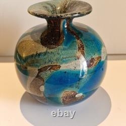 Vase en verre Mdina signé Malte, paysage marin bleu, verre d’art de studio vintage des années 60-70, lourd