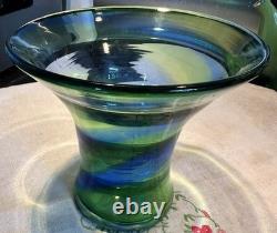 Vase en verre à spirales vertes et bleues de la gamme Rainbow de Stevens et Williams, années 1930
