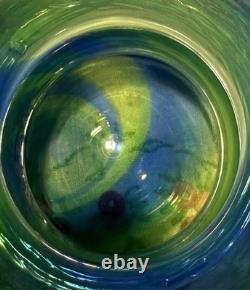 Vase en verre à spirales vertes et bleues de la gamme Rainbow de Stevens et Williams, années 1930