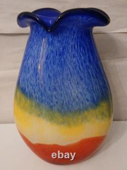 Vase en verre art à rayures arc-en-ciel italiennes rouge, jaune et bleu en verre épais