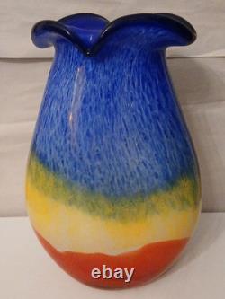 Vase en verre art à rayures arc-en-ciel italiennes rouge, jaune et bleu en verre épais