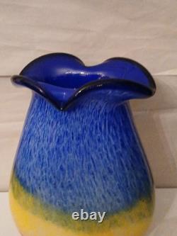 Vase en verre art à rayures arc-en-ciel italiennes rouge, jaune et bleu en verre épais