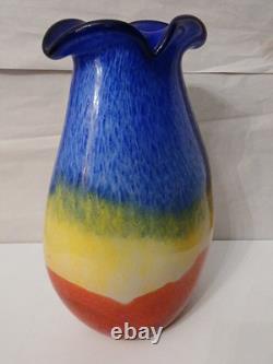 Vase en verre art à rayures arc-en-ciel italiennes rouge, jaune et bleu en verre épais