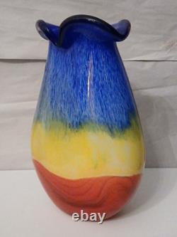 Vase en verre art à rayures arc-en-ciel italiennes rouge, jaune et bleu en verre épais
