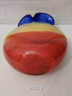 Vase en verre art à rayures arc-en-ciel italiennes rouge, jaune et bleu en verre épais
