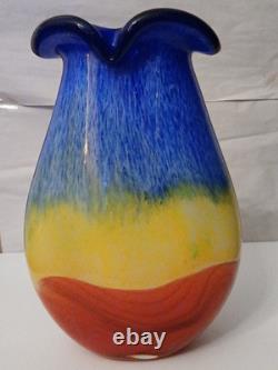 Vase en verre art à rayures arc-en-ciel italiennes rouge, jaune et bleu en verre épais