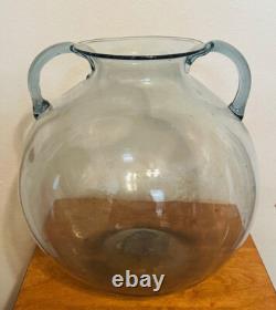 Vase en verre art soufflé vintage à deux poignées en verre bleu 14,5 pouces