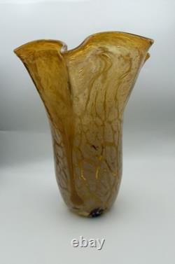 Vase en verre art vintage Murano ambre 11 pouces soufflé à la main avec bords ondulés Millefiori italien