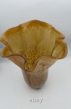 Vase en verre art vintage Murano ambre 11 pouces soufflé à la main avec bords ondulés Millefiori italien
