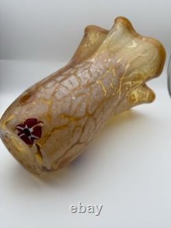 Vase en verre art vintage Murano ambre 11 pouces soufflé à la main avec bords ondulés Millefiori italien