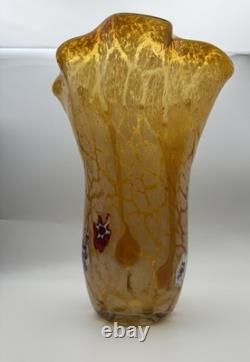 Vase en verre art vintage Murano ambre 11 pouces soufflé à la main avec bords ondulés Millefiori italien