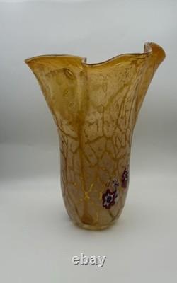 Vase en verre art vintage Murano ambre 11 pouces soufflé à la main avec bords ondulés Millefiori italien