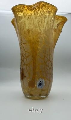 Vase en verre art vintage Murano ambre 11 pouces soufflé à la main avec bords ondulés Millefiori italien