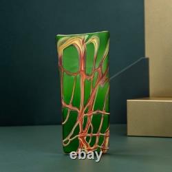 Vase en verre artistique Essie Zareh Studio vert avec motif en toile rouge moderniste E. Zareh