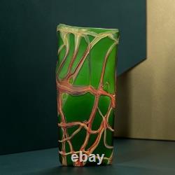Vase en verre artistique Essie Zareh Studio vert avec motif en toile rouge moderniste E. Zareh