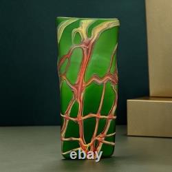 Vase en verre artistique Essie Zareh Studio vert avec motif en toile rouge moderniste E. Zareh