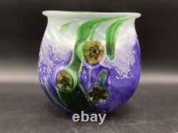 Vase en verre artistique Robert Eickholt Fleurs Anémone Iridescent 6,5 signé violet