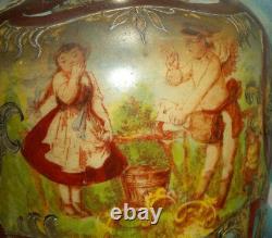 Vase en verre artistique antique C1880, peint à la main, chérubin, lettre d'amour, oiseau, 33,7 cm de hauteur