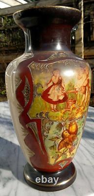 Vase en verre artistique antique C1880, peint à la main, chérubin, lettre d'amour, oiseau, 33,7 cm de hauteur