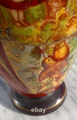 Vase en verre artistique antique C1880, peint à la main, chérubin, lettre d'amour, oiseau, 33,7 cm de hauteur