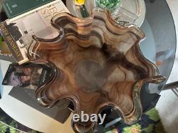 Vase en verre artistique de grande taille du milieu du siècle / pièce maîtresse, marron et blanc, magnifique