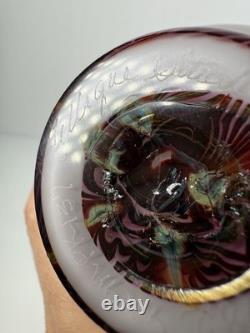 Vase en verre artistique irisé à plumes tirées signé Joseph Morel Zellique 1982