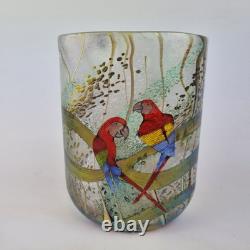 Vase en verre artistique irisé d'okra avec perroquets Richard Golding Édition limitée 4/25