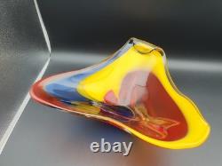 Vase en verre artistique japonais vintage Iwatsu Hineri jaune rouge bleu