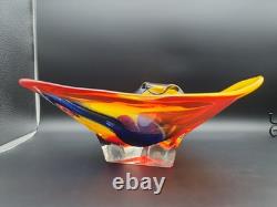 Vase en verre artistique japonais vintage Iwatsu Hineri jaune rouge bleu