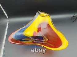 Vase en verre artistique japonais vintage Iwatsu Hineri jaune rouge bleu