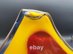 Vase en verre artistique japonais vintage Iwatsu Hineri jaune rouge bleu