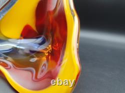 Vase en verre artistique japonais vintage Iwatsu Hineri jaune rouge bleu