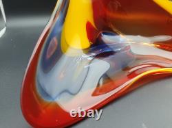 Vase en verre artistique japonais vintage Iwatsu Hineri jaune rouge bleu