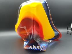 Vase en verre artistique japonais vintage Iwatsu Hineri jaune rouge bleu