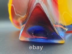 Vase en verre artistique japonais vintage Iwatsu Hineri jaune rouge bleu