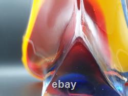 Vase en verre artistique japonais vintage Iwatsu Hineri jaune rouge bleu