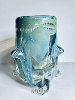 Vase en verre artistique magnifique, soufflé à la main, cœur et vigne, vintage 1981, signé
