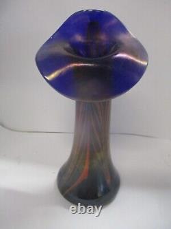 Vase en verre artistique signé Jack in the Pulpit bleu avec des rayures orange '76 Fellei