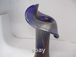 Vase en verre artistique signé Jack in the Pulpit bleu avec des rayures orange '76 Fellei