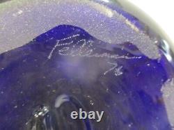 Vase en verre artistique signé Jack in the Pulpit bleu avec des rayures orange '76 Fellei