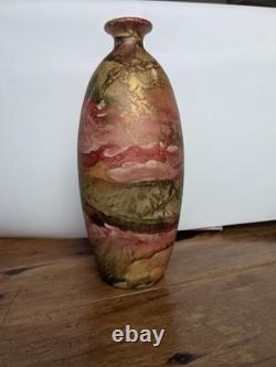 Vase en verre artistique signé Sylvie Montagnon 21 cm rose vert et or abstrait