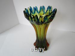 Vase en verre artistique soufflé à la main MCM vert or bleu 10,50 pouces de hauteur
