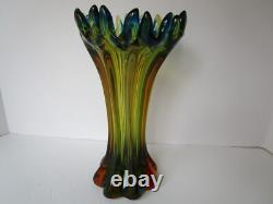 Vase en verre artistique soufflé à la main MCM vert or bleu 10,50 pouces de hauteur