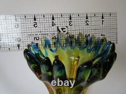 Vase en verre artistique soufflé à la main MCM vert or bleu 10,50 pouces de hauteur