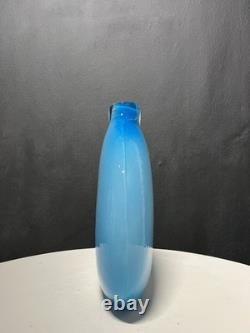 Vase en verre artistique soufflé à la main bleu blanc transparent de style mid-century moderne époustouflant