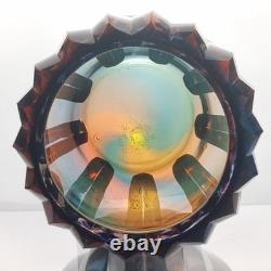 Vase en verre artistique tchèque lourd incroyable de 10,5 pouces, facetté arc-en-ciel, réactif aux UV, vintage