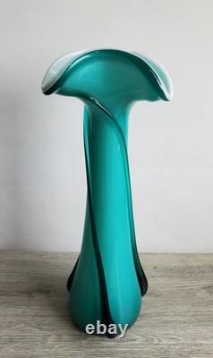 Vase en verre artistique vintage Empoli Cristalleria Fratelli Betti en turquoise et blanc 15 pouces