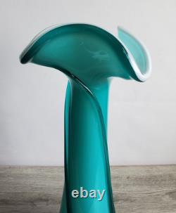 Vase en verre artistique vintage Empoli Cristalleria Fratelli Betti en turquoise et blanc 15 pouces