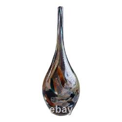 Vase en verre artistique vintage fin marron avec éclats bleus, grand vase goutte abstrait en verre MCM