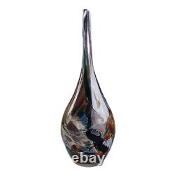 Vase en verre artistique vintage fin marron avec éclats bleus, grand vase goutte abstrait en verre MCM